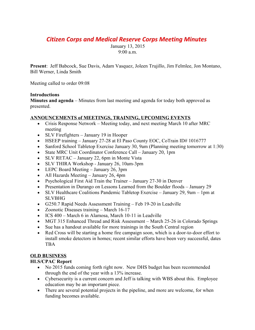 Citizen Corps and Medical Reserve Corps Meeting Minutes