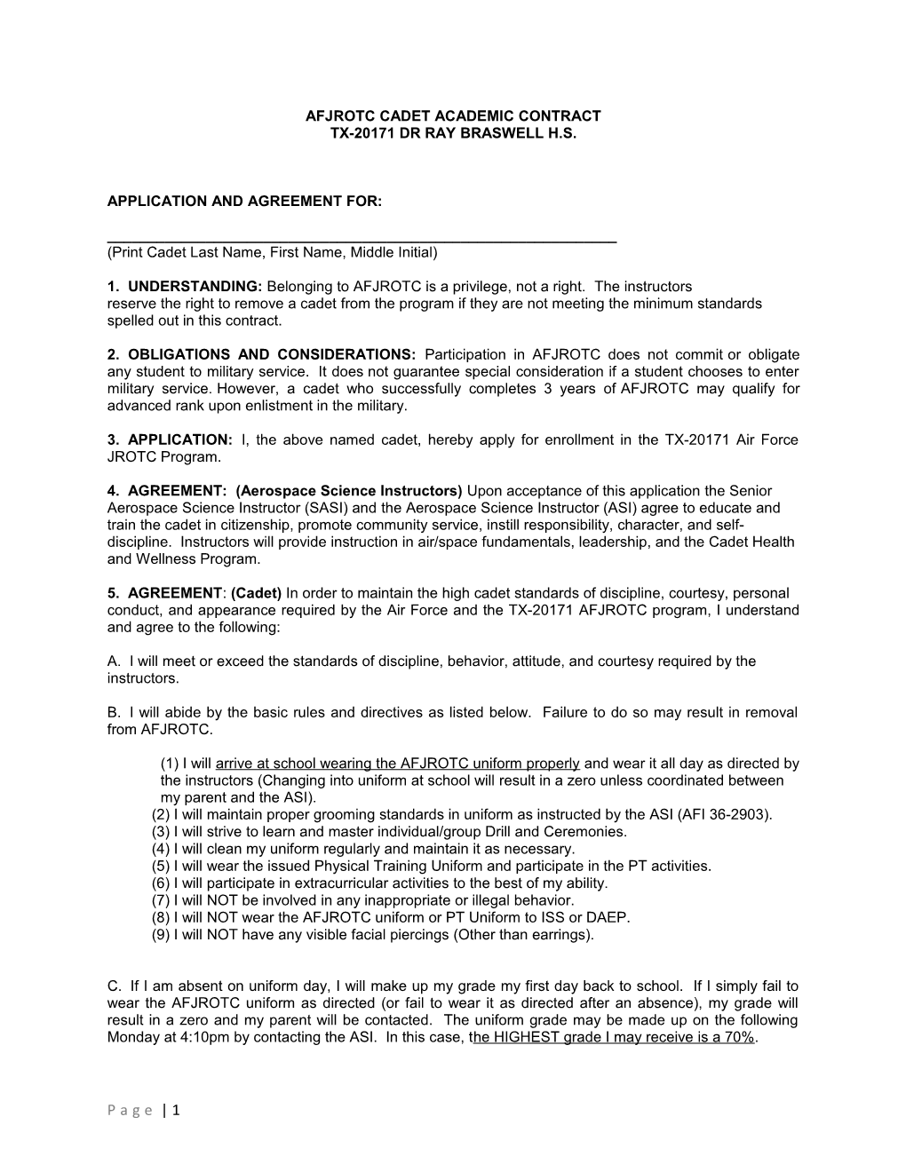 Afjrotc Cadet Academic Contract