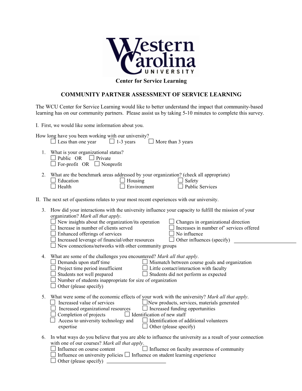 Community-Based Learning Community Partner Survey