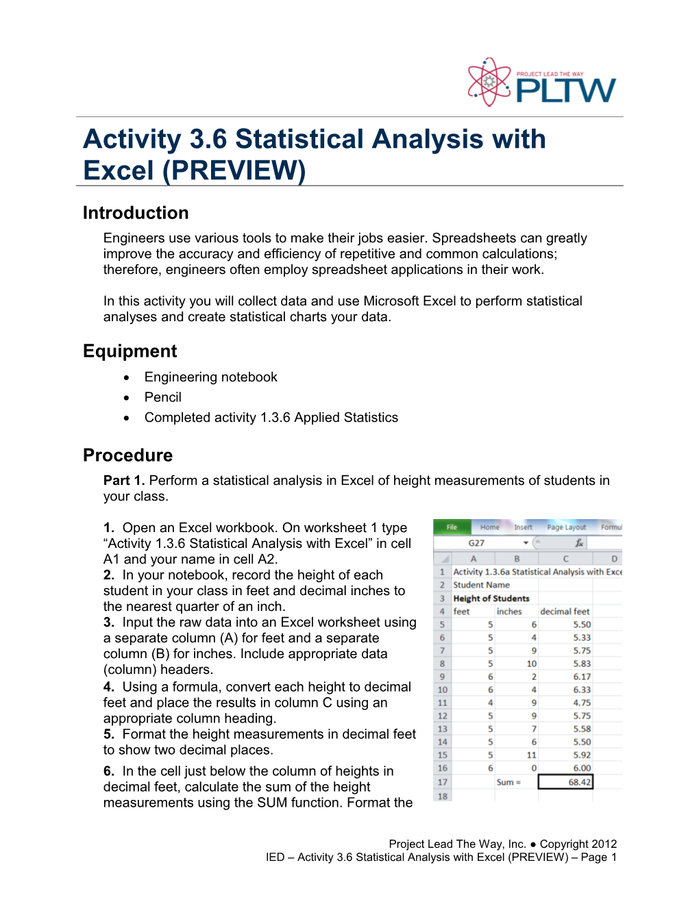 Activity 3.6 Statistical Analysis with Excel (PREVIEW)