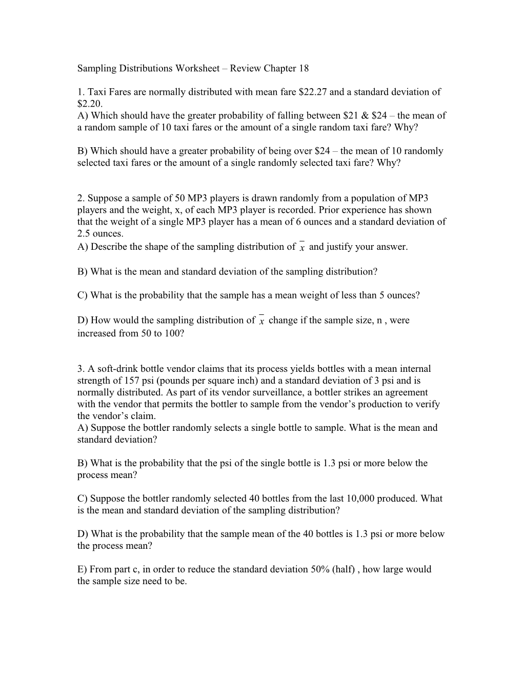 Sampling Distributions Worksheet