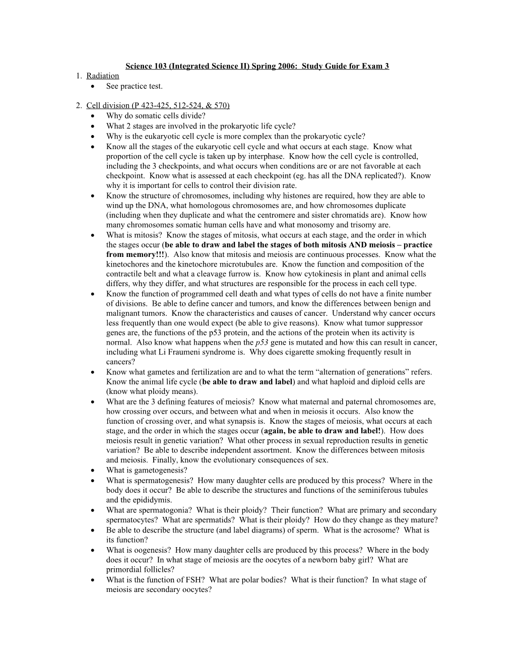Science 103 (Integrated Science II) Spring 2006: Study Guide for Exam 3