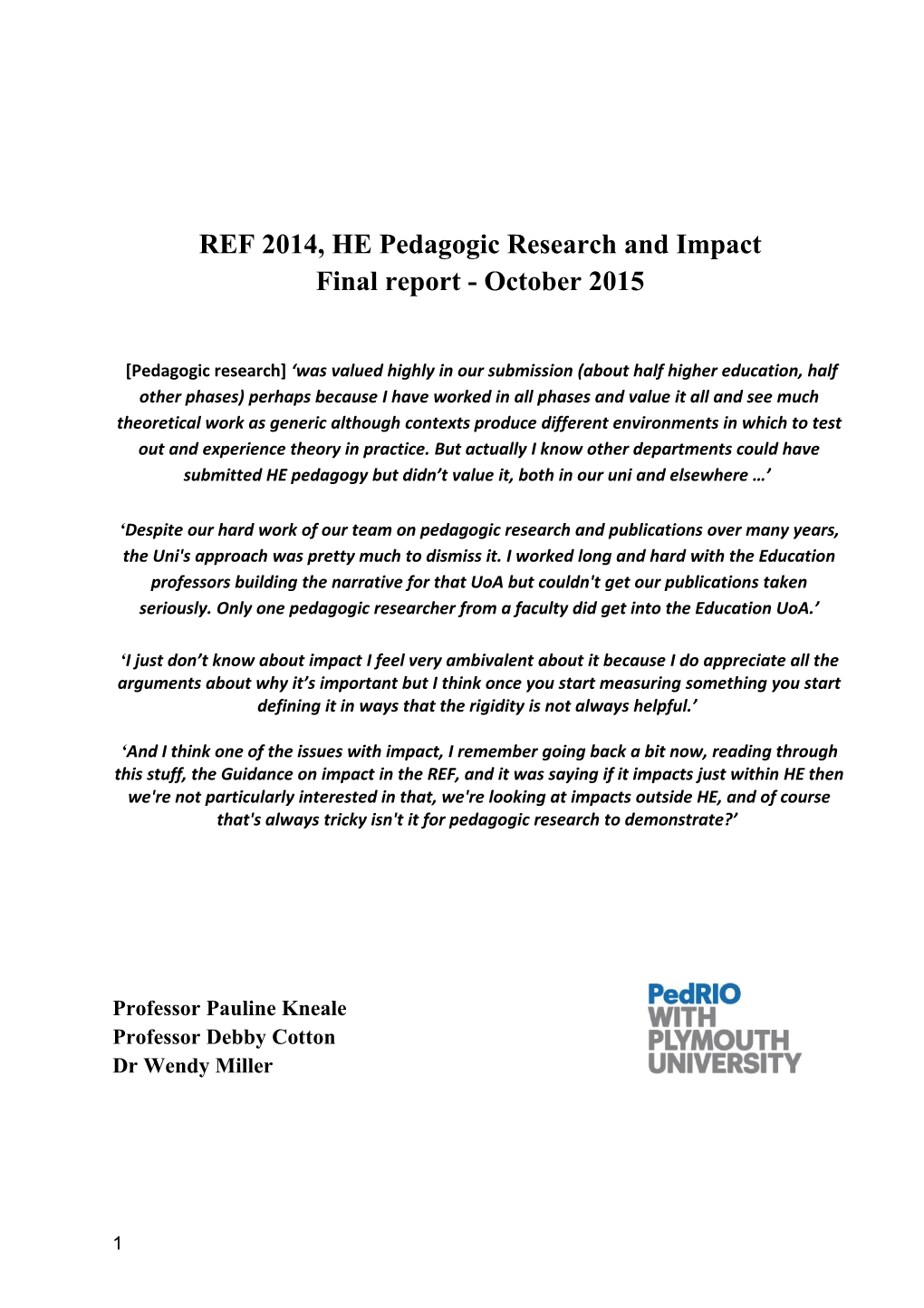 REF 2014, HE Pedagogic Research and Impact