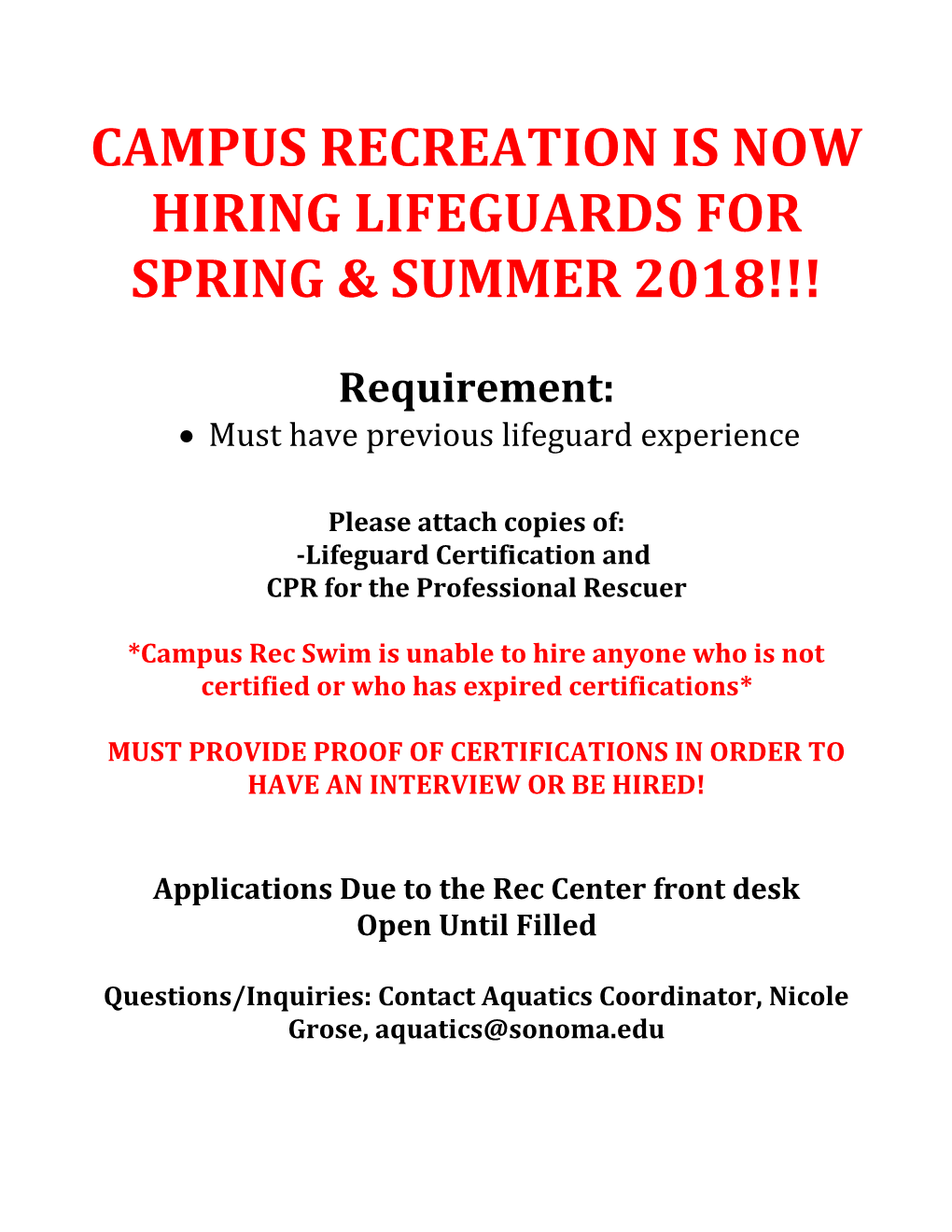 Campus Recreation Is Now Hiring Lifeguards for Spring & Summer 2018