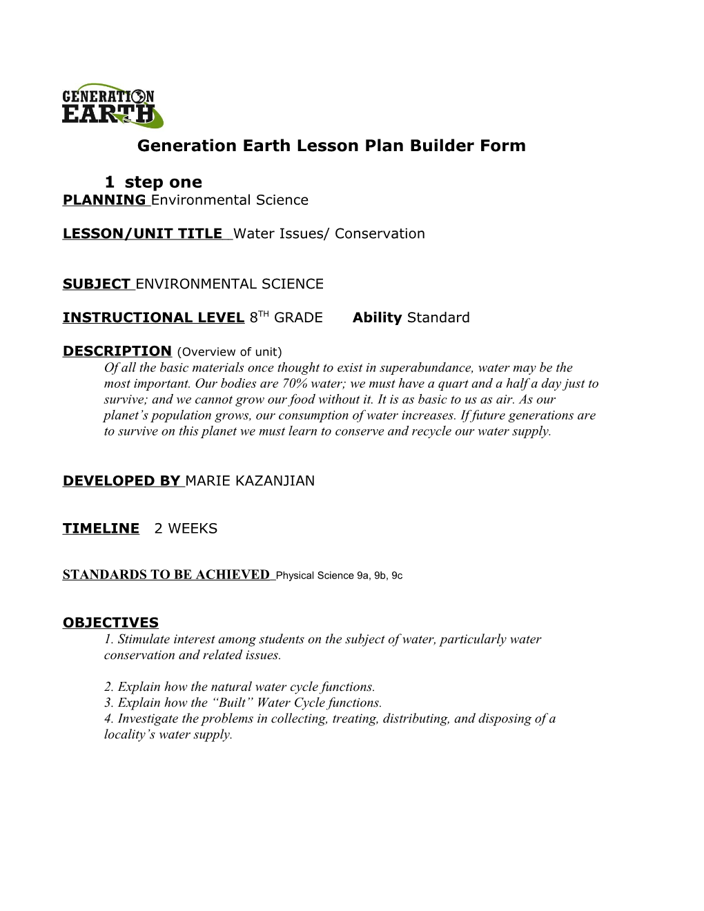 Generation Earth Lesson Plan Builder Form