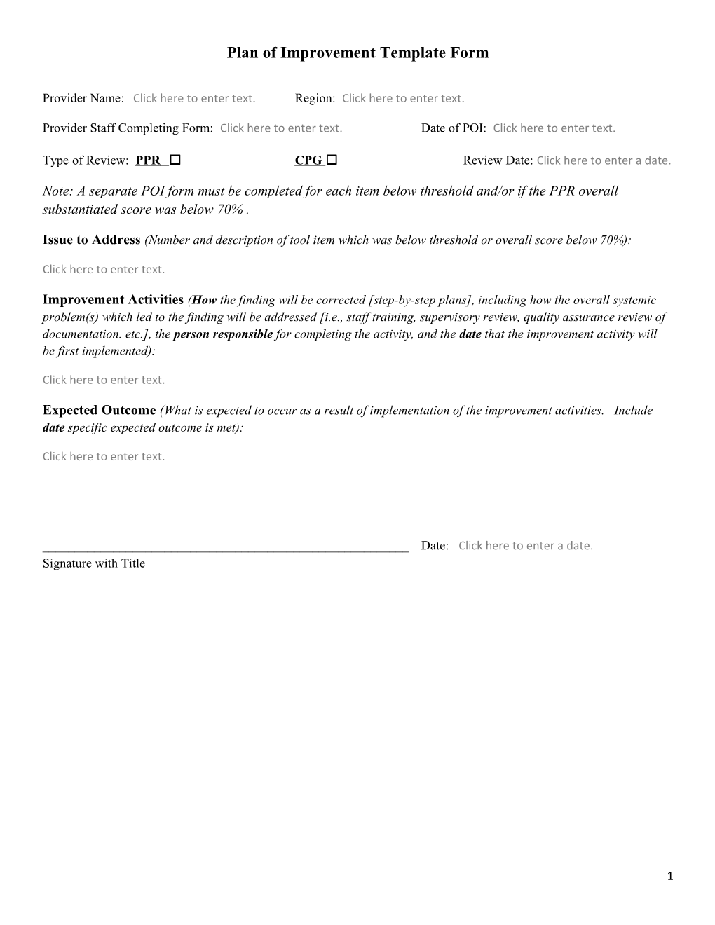 Plan of Improvement Template Form