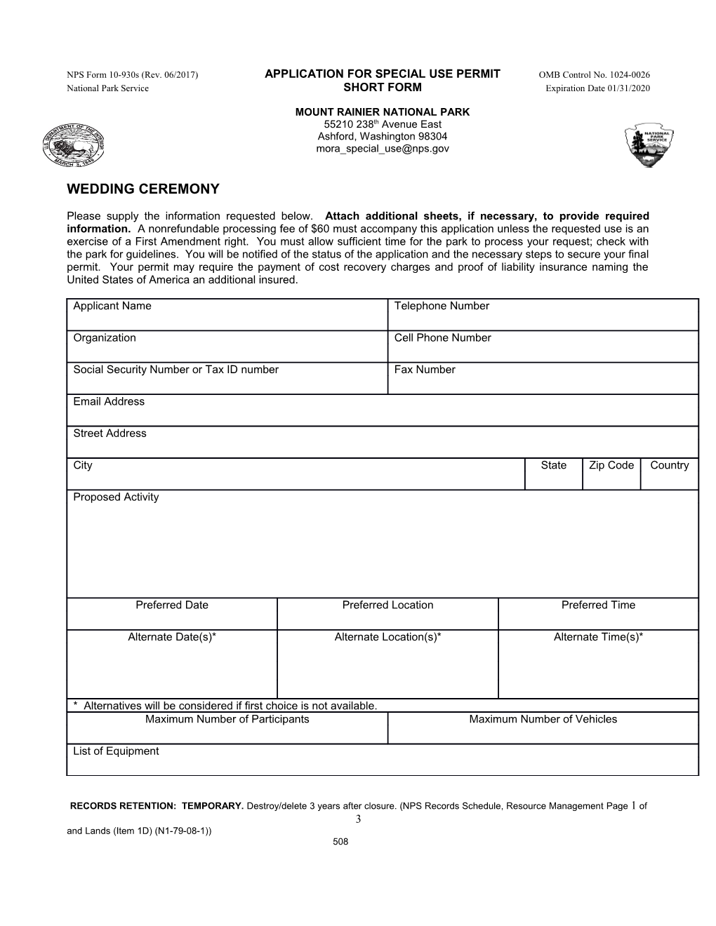 NPS Form 10-930S (Rev. 06/2017) APPLICATION for SPECIAL USE PERMIT OMB Control No. 1024-0026