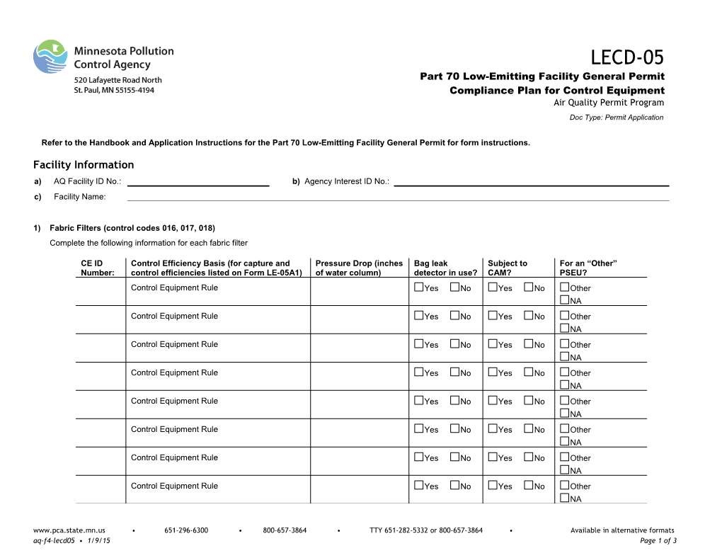 LECD-05 Compliance Plan for Control Equipment - Air Quality Permit Program - Form