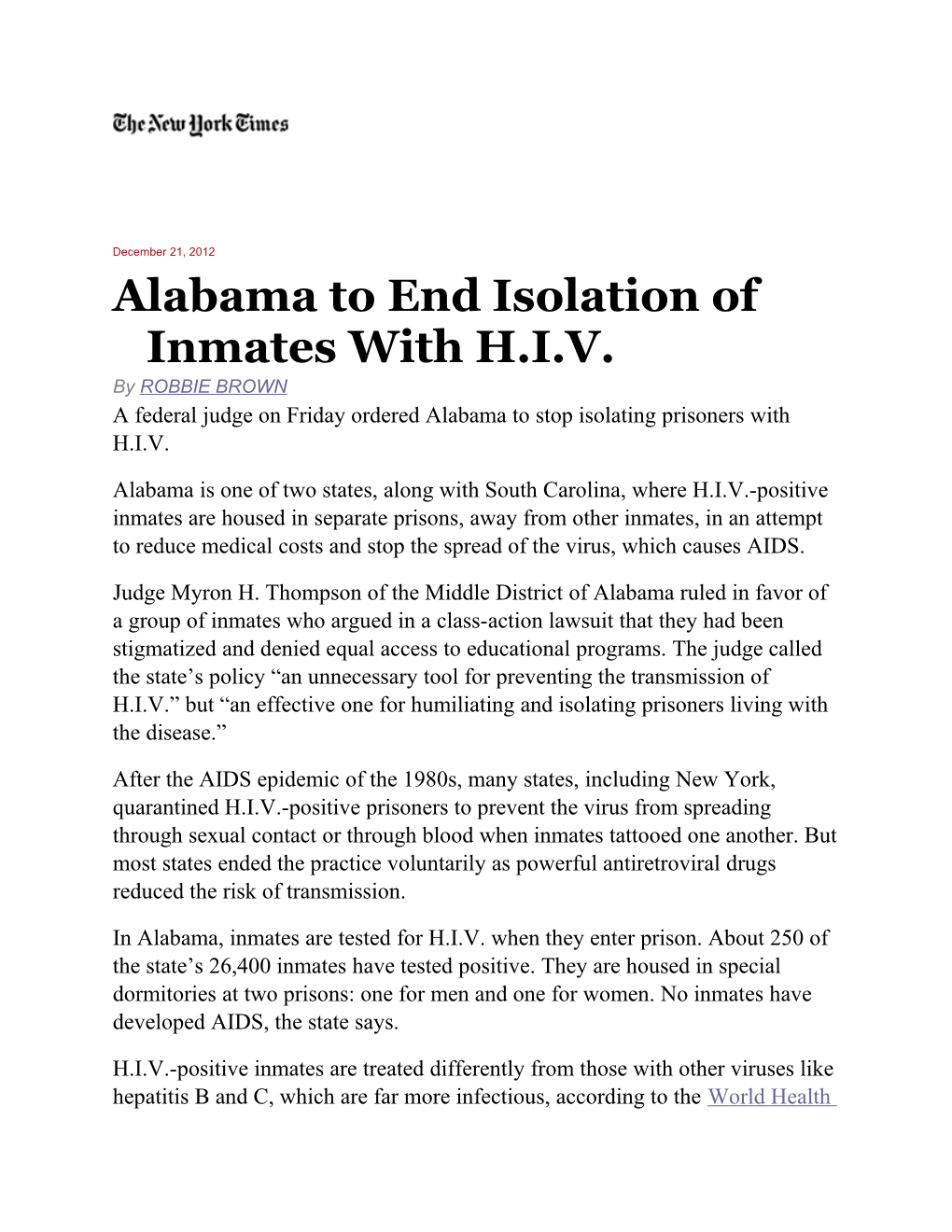 Alabama to End Isolation of Inmates with H.I.V