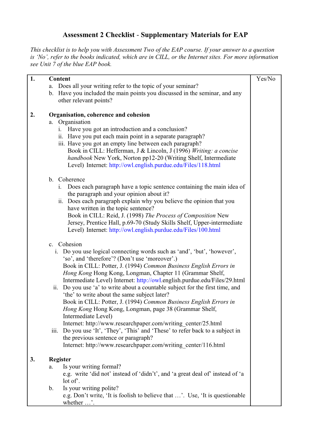 Assessment 2 Checklist - Supplementary Materials for EAP