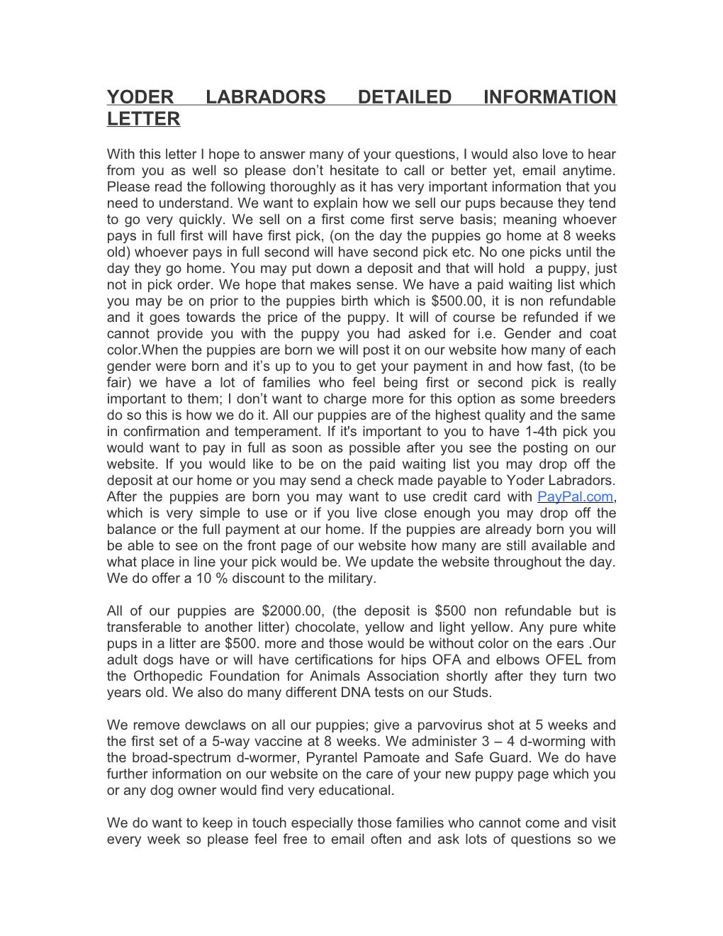 Yoder Labradors Detailed Information Letter