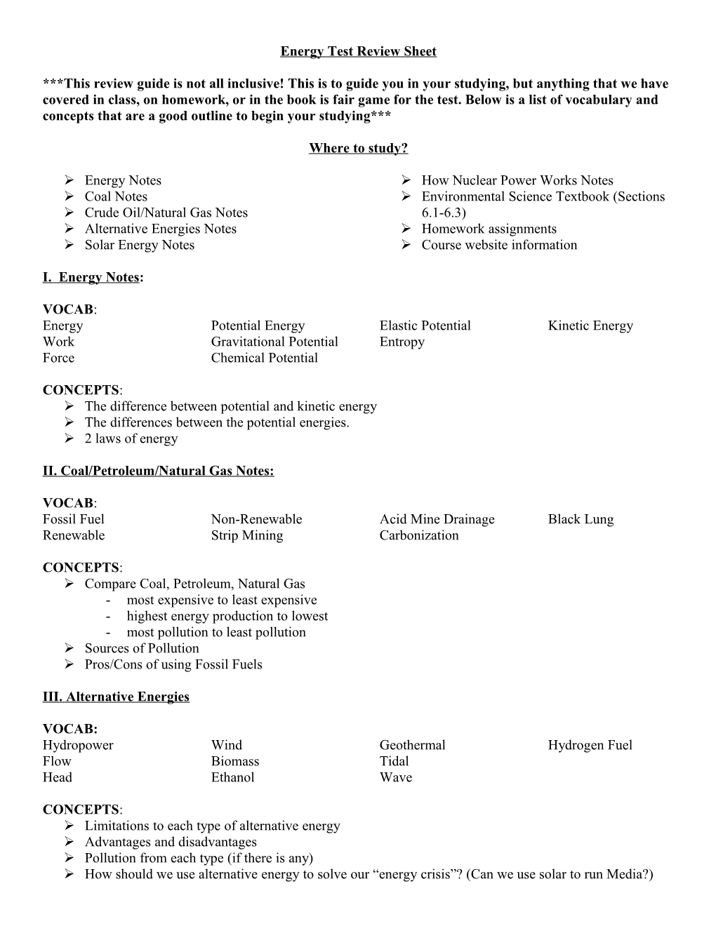 Energy Test Review Sheet