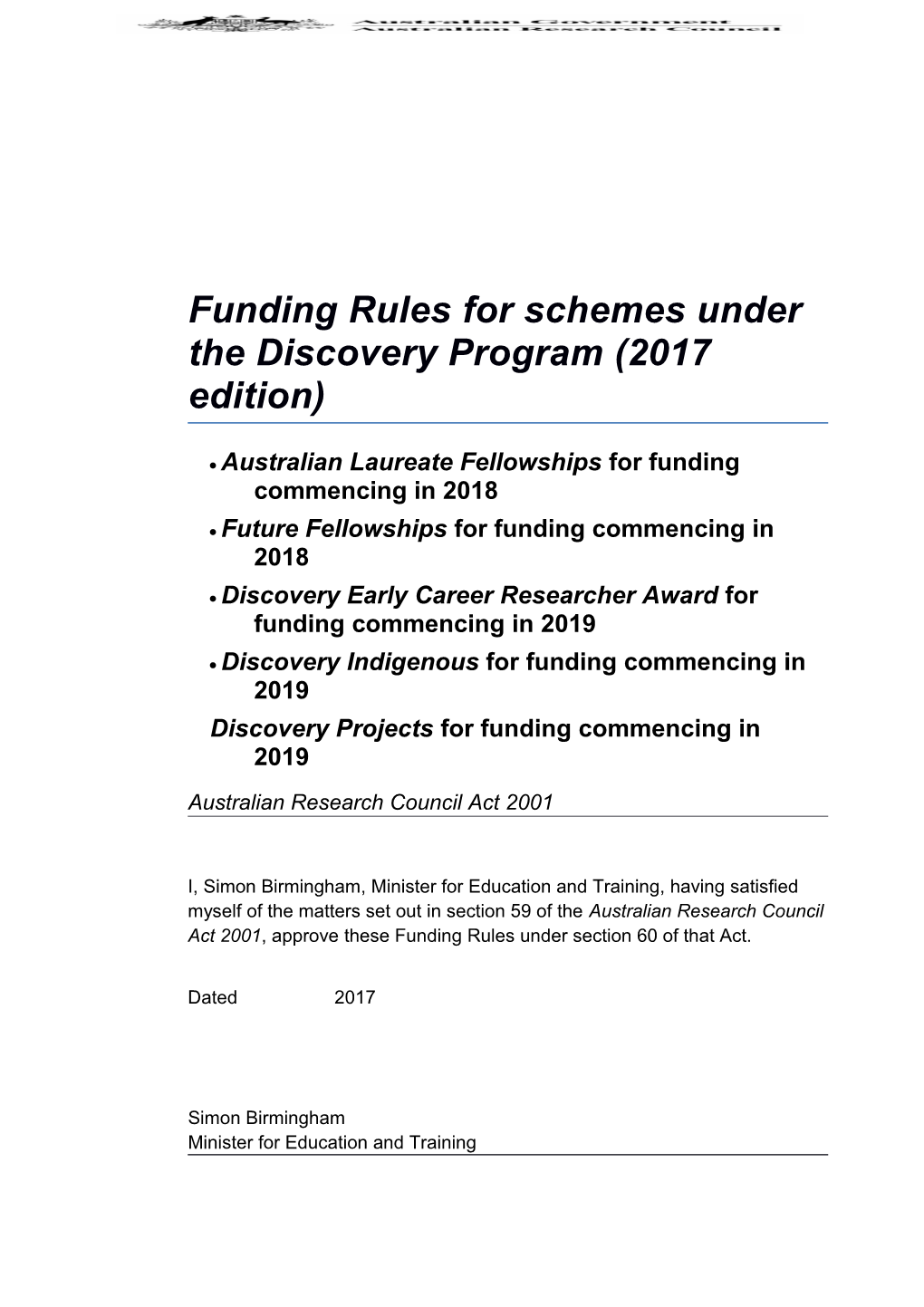 Funding Rules for Schemes Under the Discovery Program (2017 Edition)