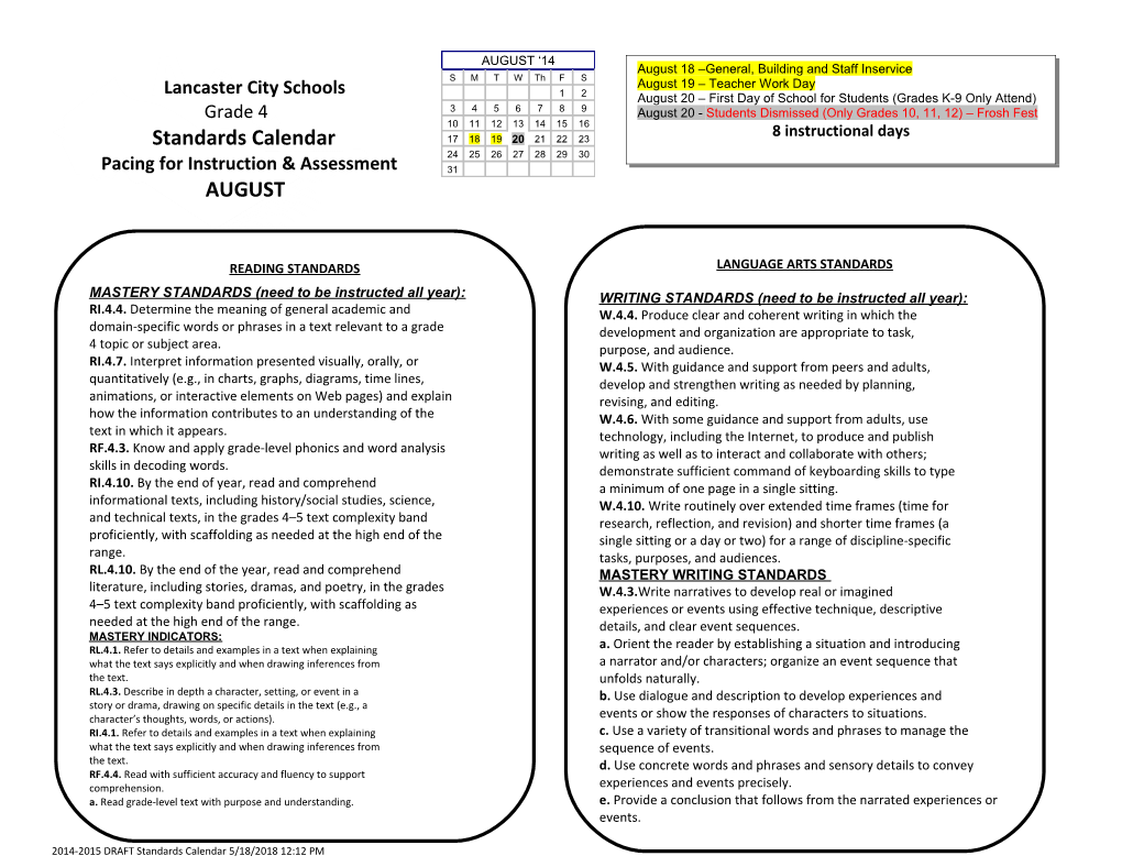 Pacing for Instruction & Assessment