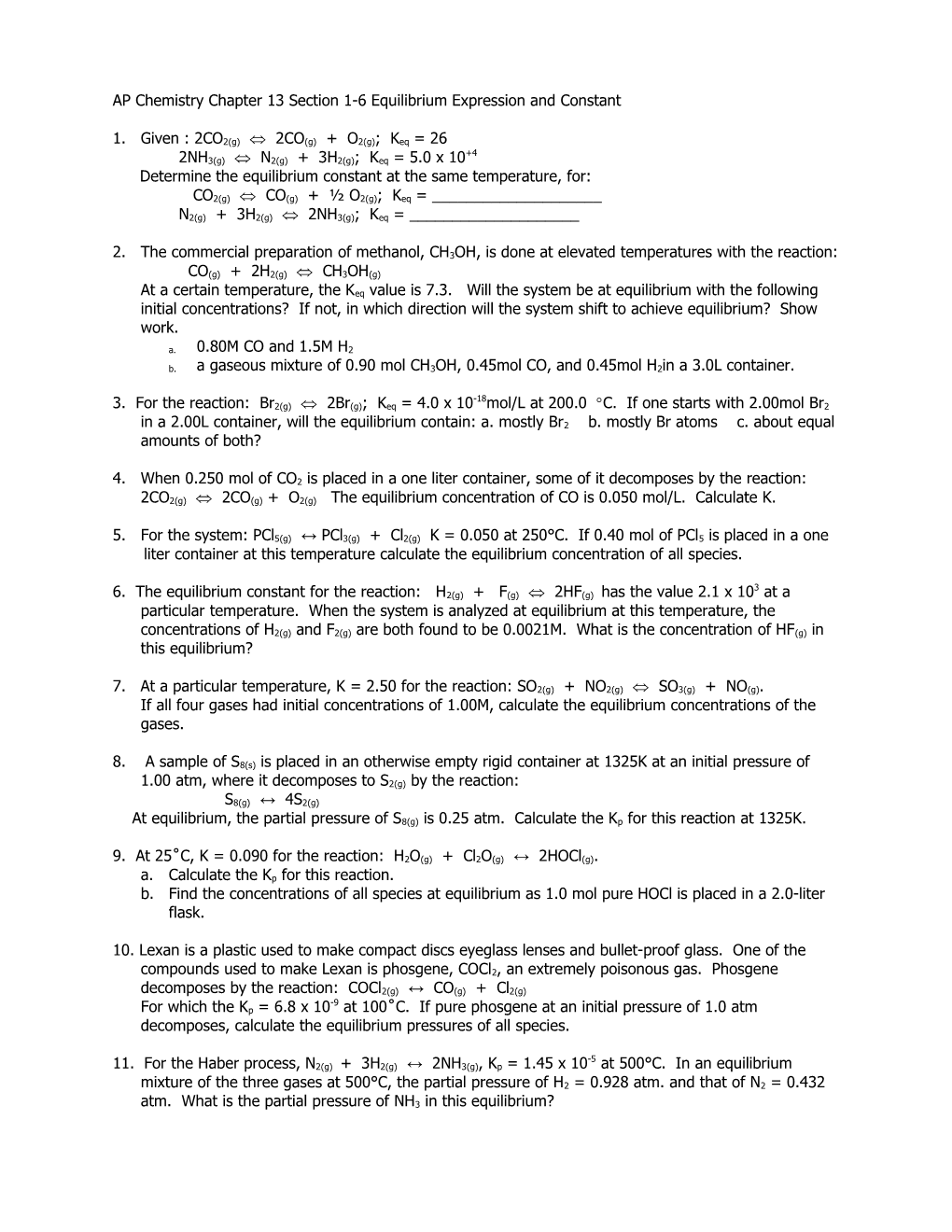 AP Chemistry Chapter 13 Section 1-6 Equilibrium Expression and Constant