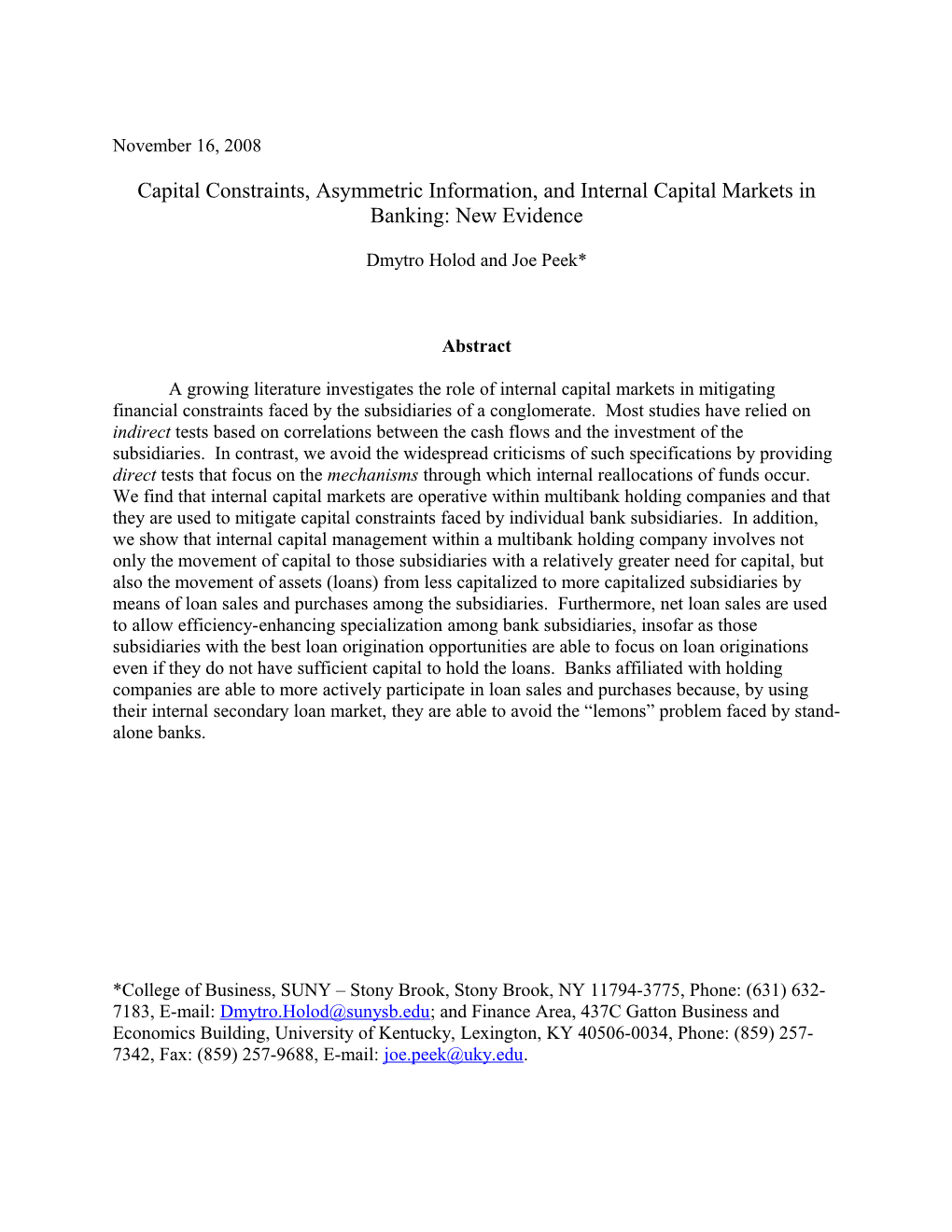 Capital Constraints, Asymmetric Information, and Internal Capital Markets in Banking: New