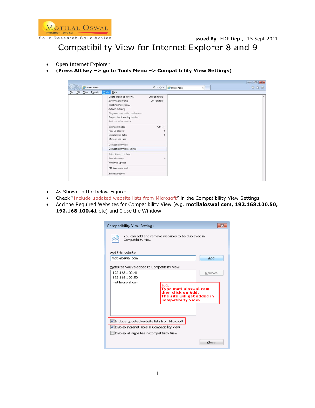 Compatibility View for Internet Explorer 8 and 9