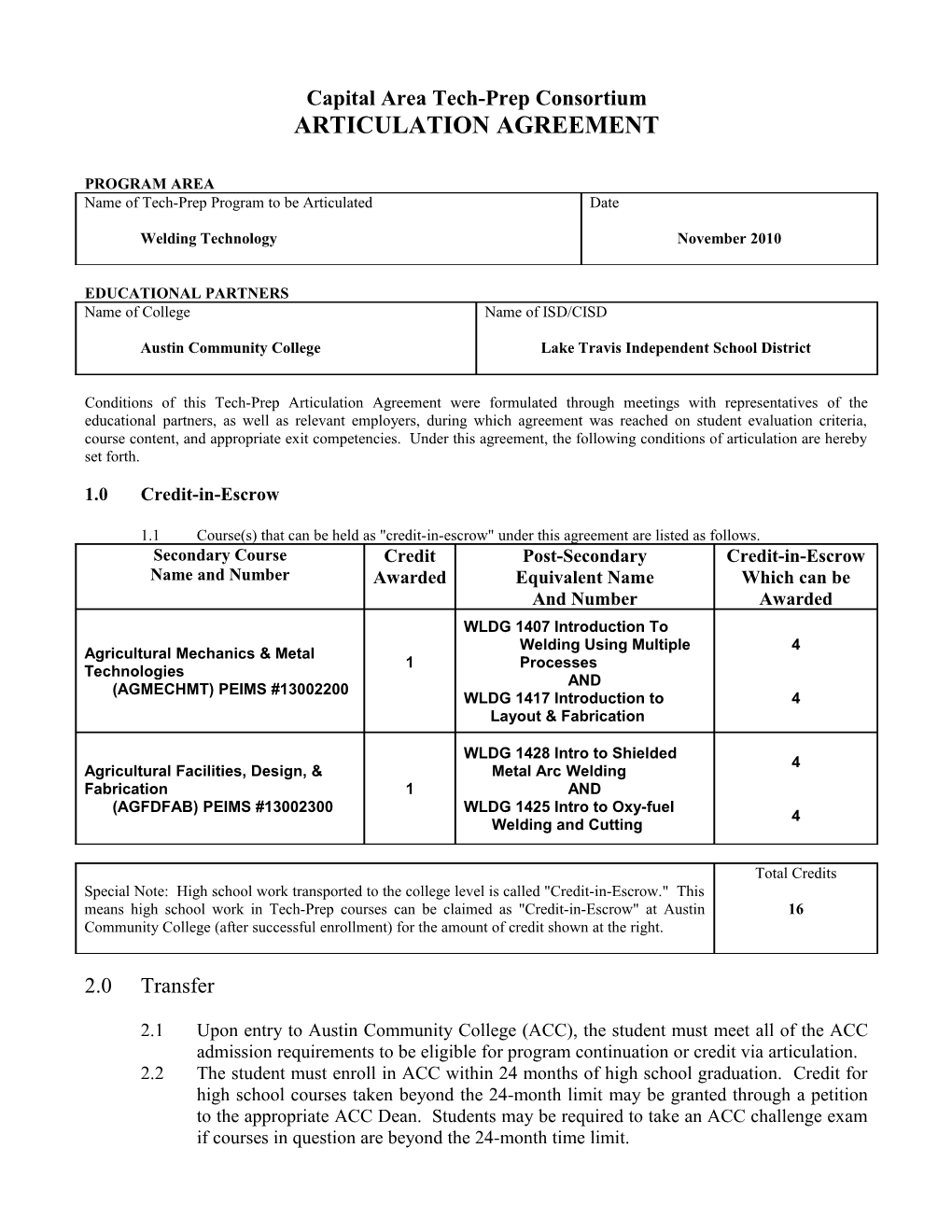 Welding Articulation Agreement