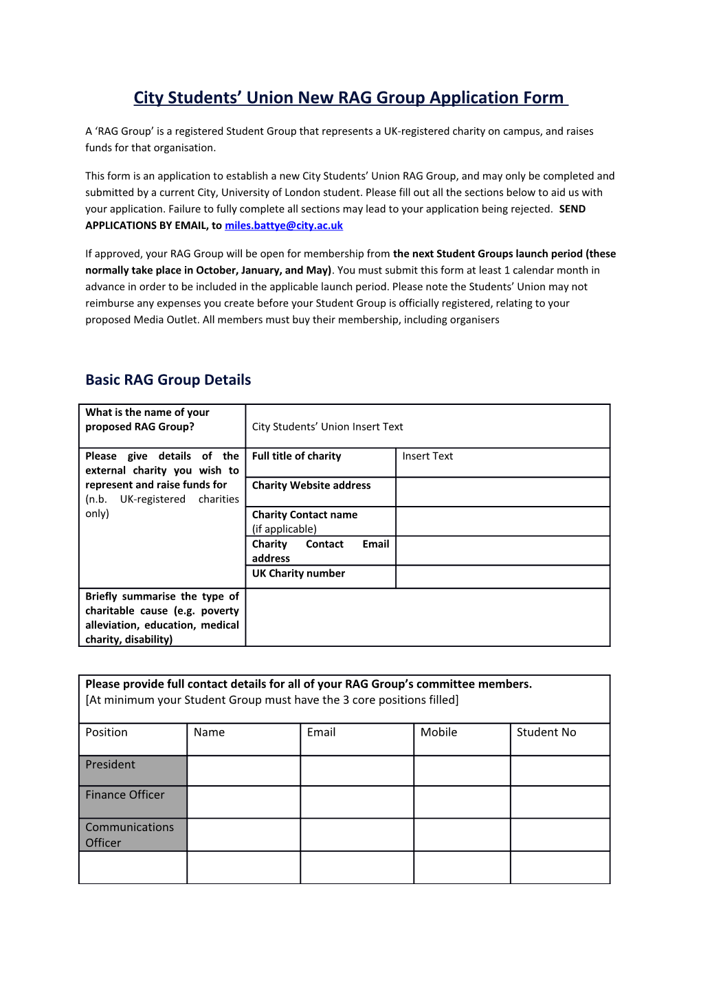 City Students Union New RAG Group Application Form