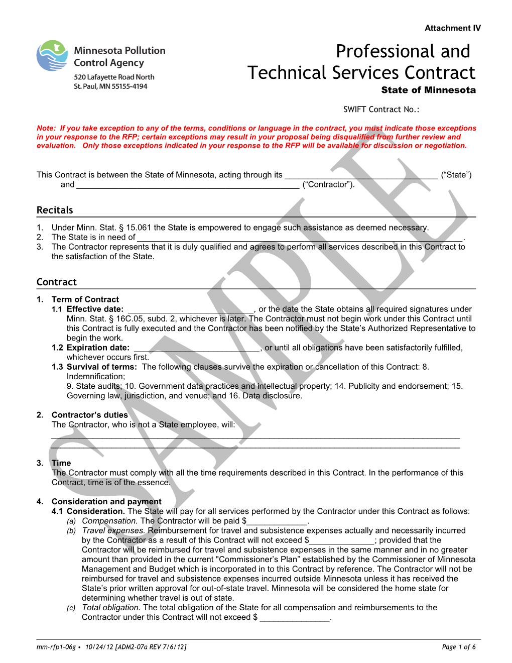 Attachment IV - Professional and Technical Services Contract - Template