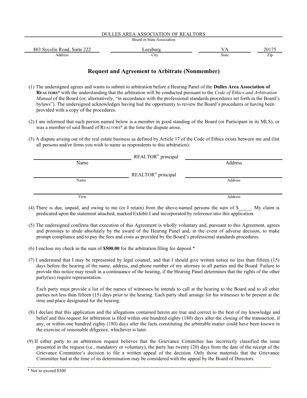 Request and Agreement to Arbitrate (Nonmember)