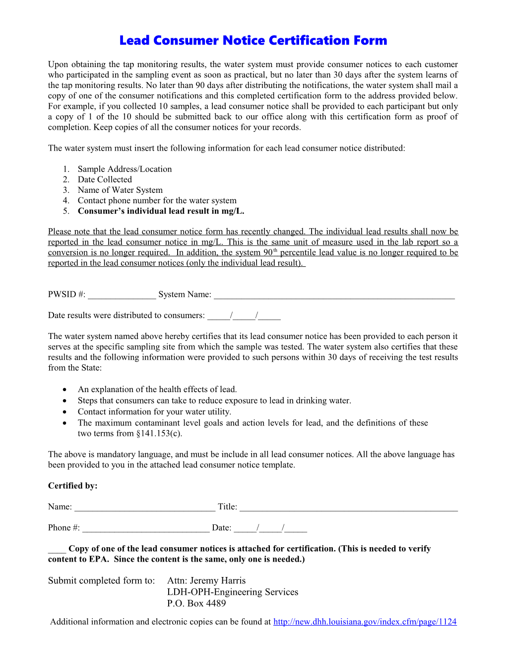 Lead Consumer Notice Certification Form