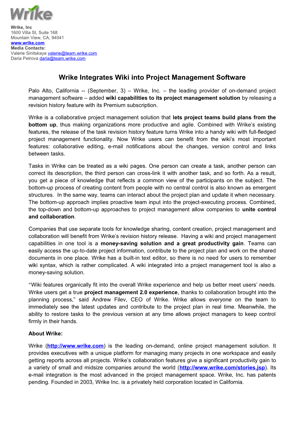 Wrike Integrates Wiki Into Project Management Software