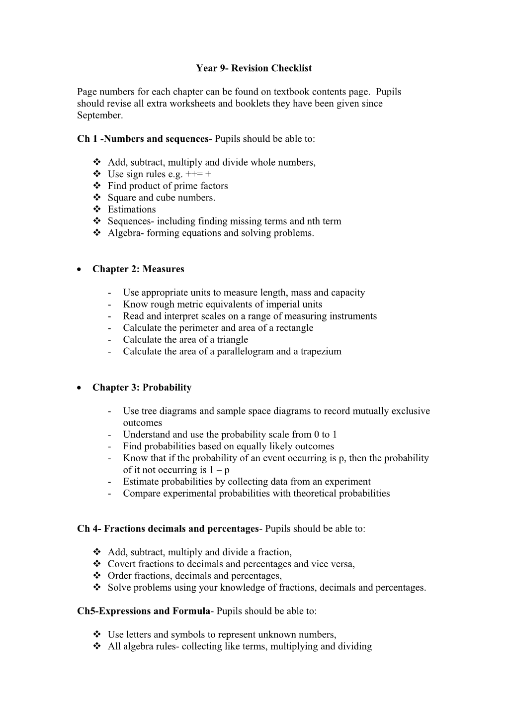 Year 9- Revision Checklist