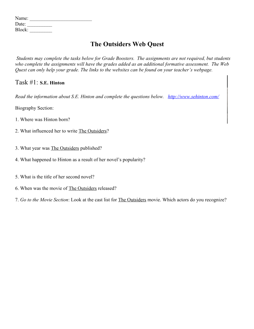 The Outsiders Web Quest