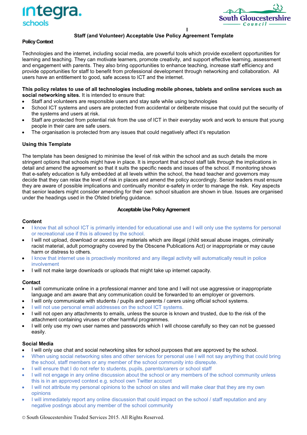 Staff (And Volunteer) Acceptable Use Policy Agreement Template