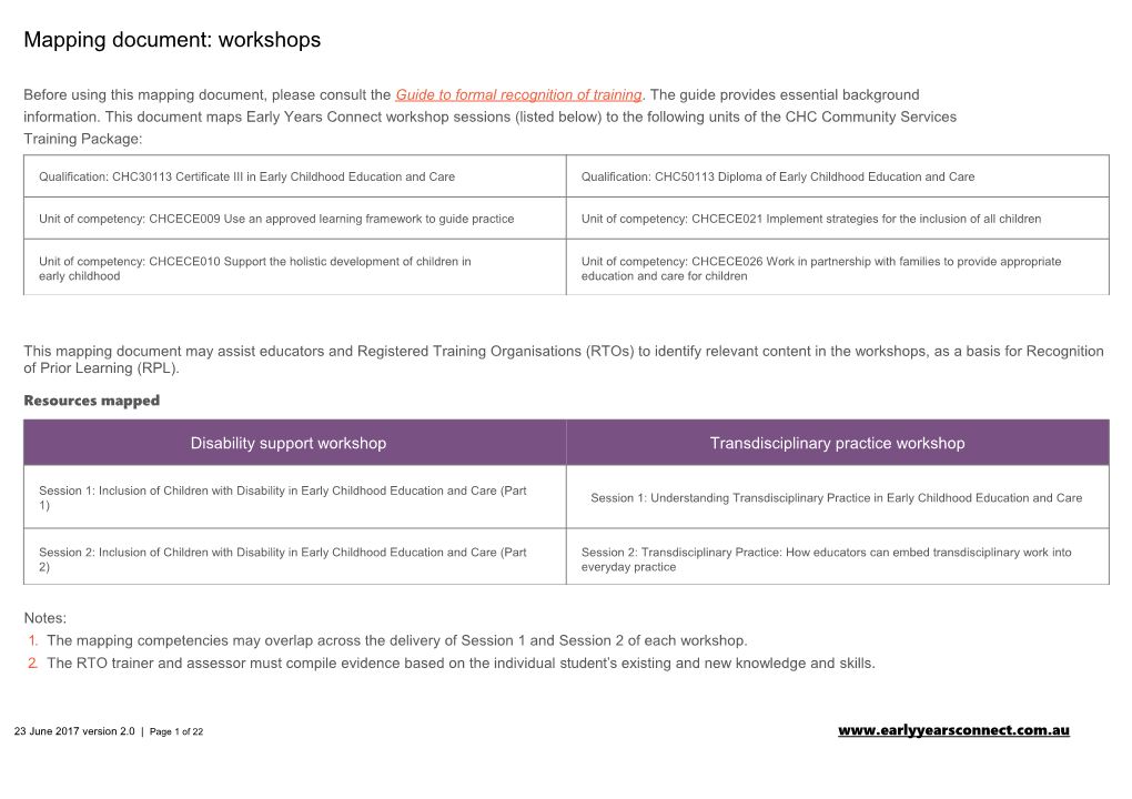 Face-To-Face Workshop Mapping Document