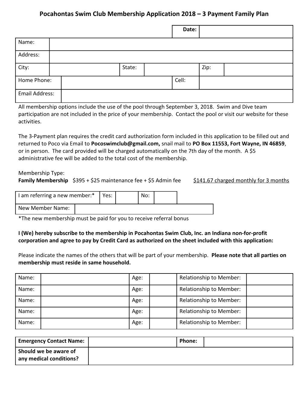 Pocahontas Swim Club Membership Application 2017