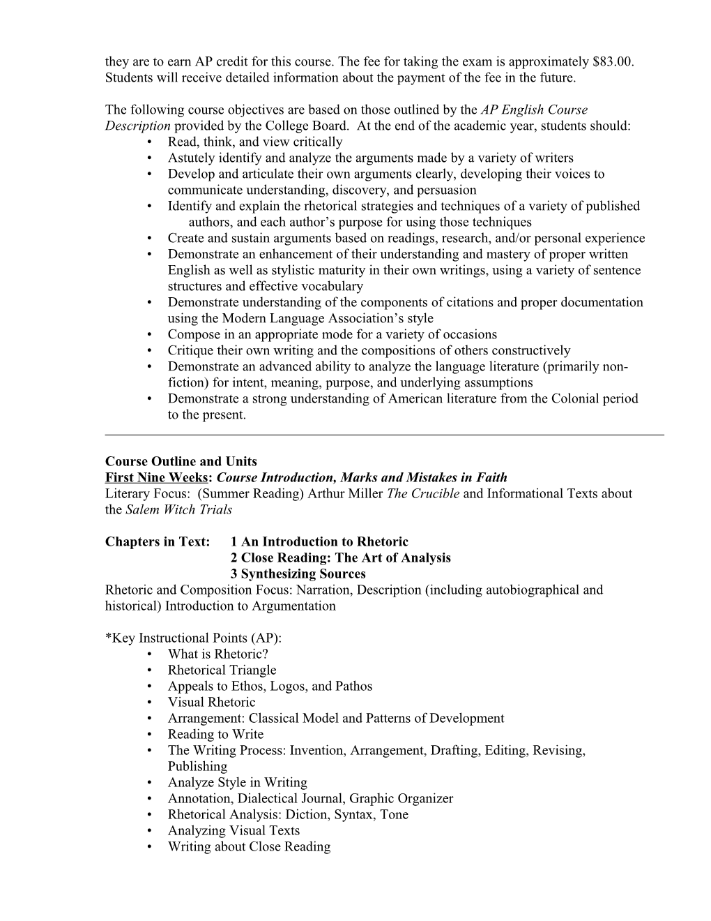 Curriculum Guide/Course Description English III Advanced Placement 2011-2012