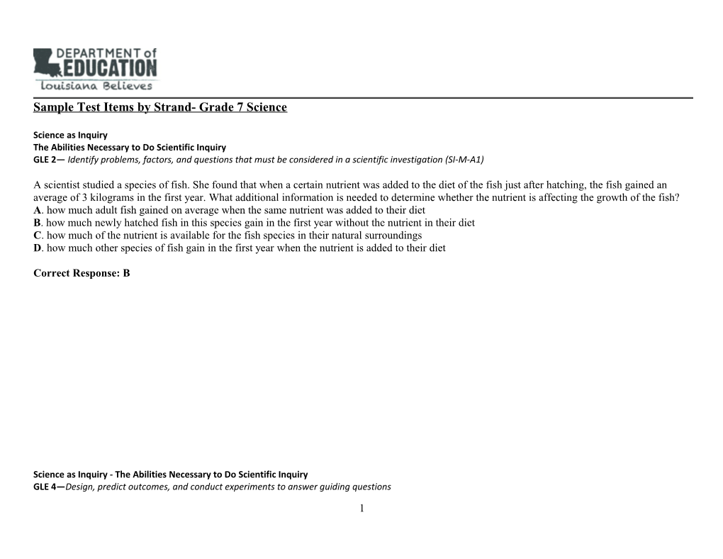 Sample Test Items by Strand- Grade 7 Science