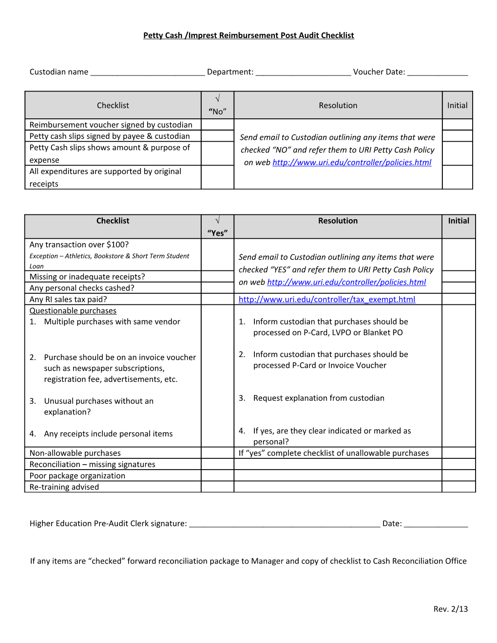 Petty Cash /Imprest Reimbursement Post Audit Checklist