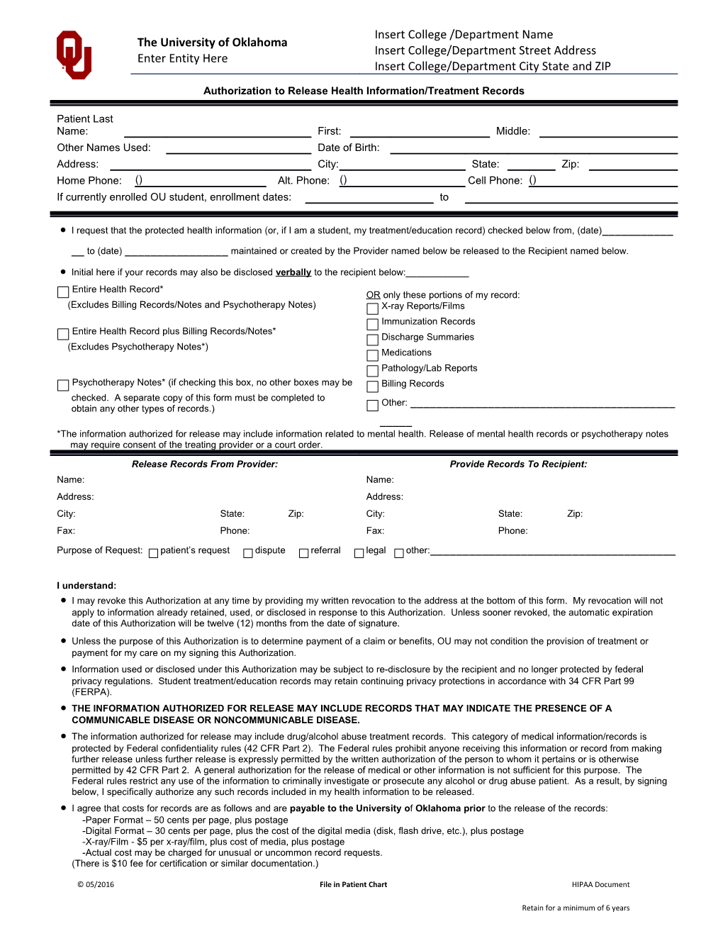 Patient - Authorization Release Request Individuals Health Information-HSC - PENDING (Patient