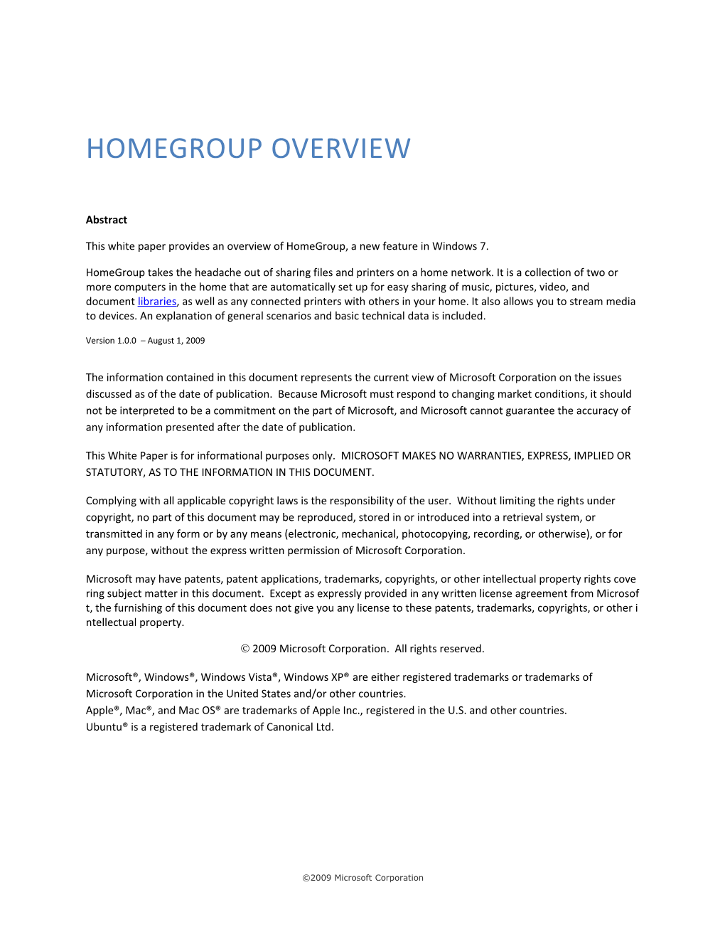 This White Paper Provides an Overview of Homegroup, a New Feature in Windows 7