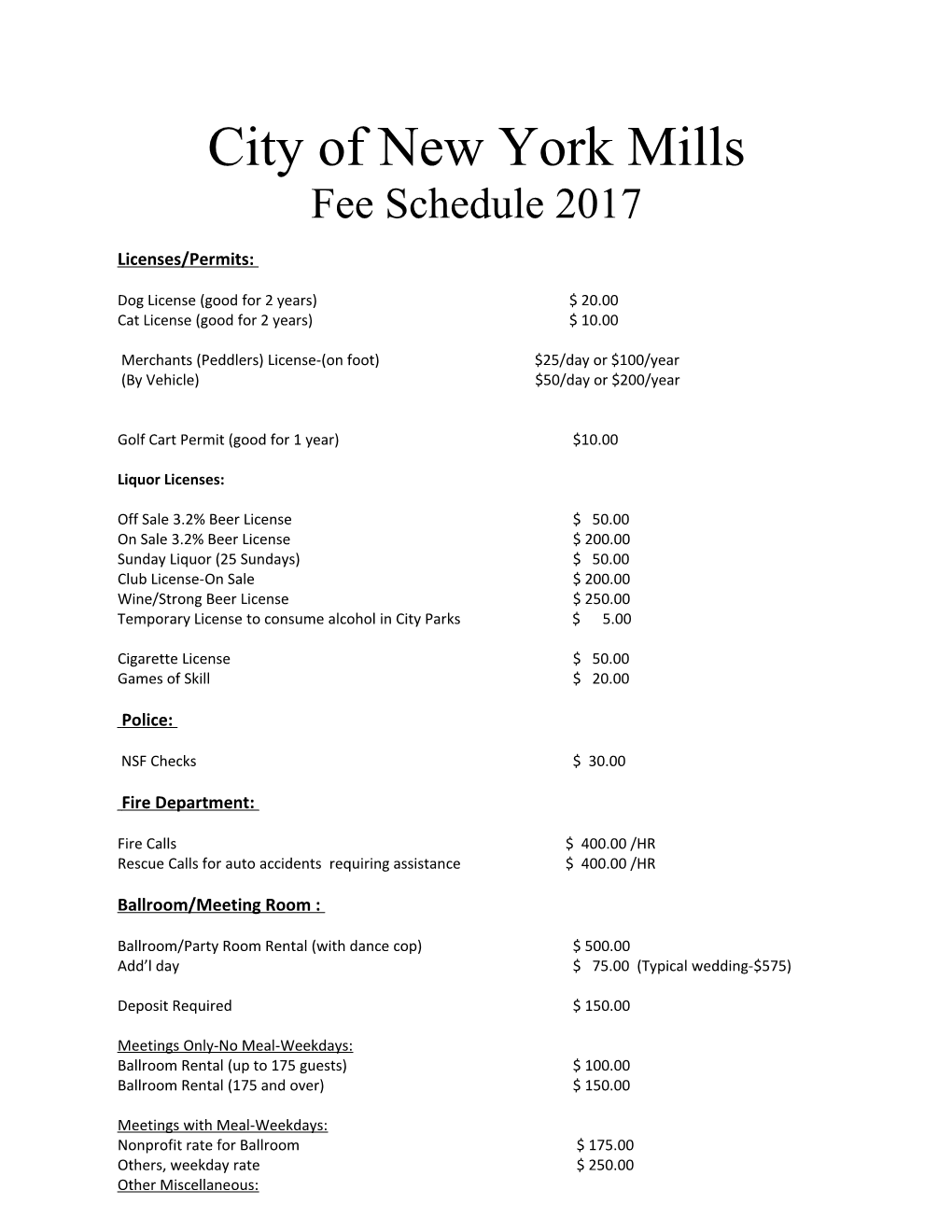 City of New York Mills Fee Schedule 2017
