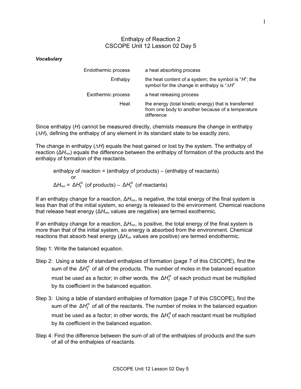 Unit 12 LS 02 Day 4 Enthalpy Reaction 2