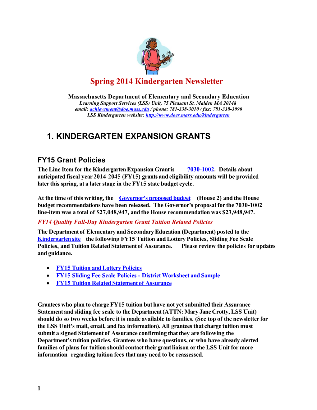 Spring 2014 Full-Day Kindergarten Newsletter - Department of Elementary and Secondary Education