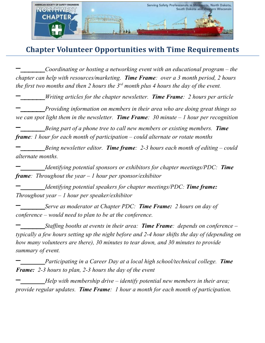 Chapter Volunteer Opportunities with Time Requirements