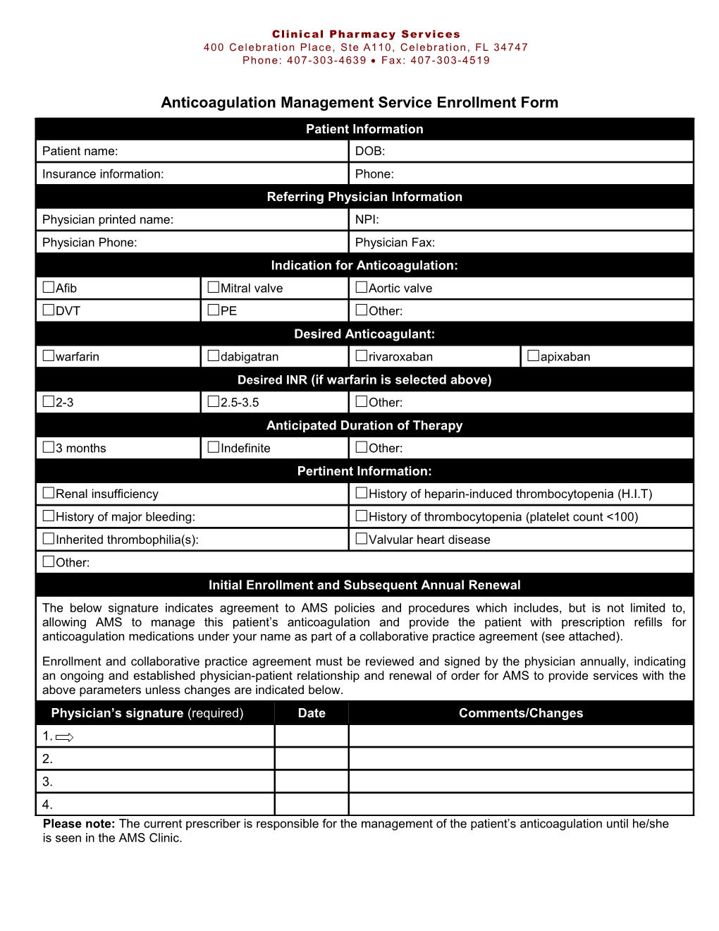Anticoagulation Management Service Enrollment Form