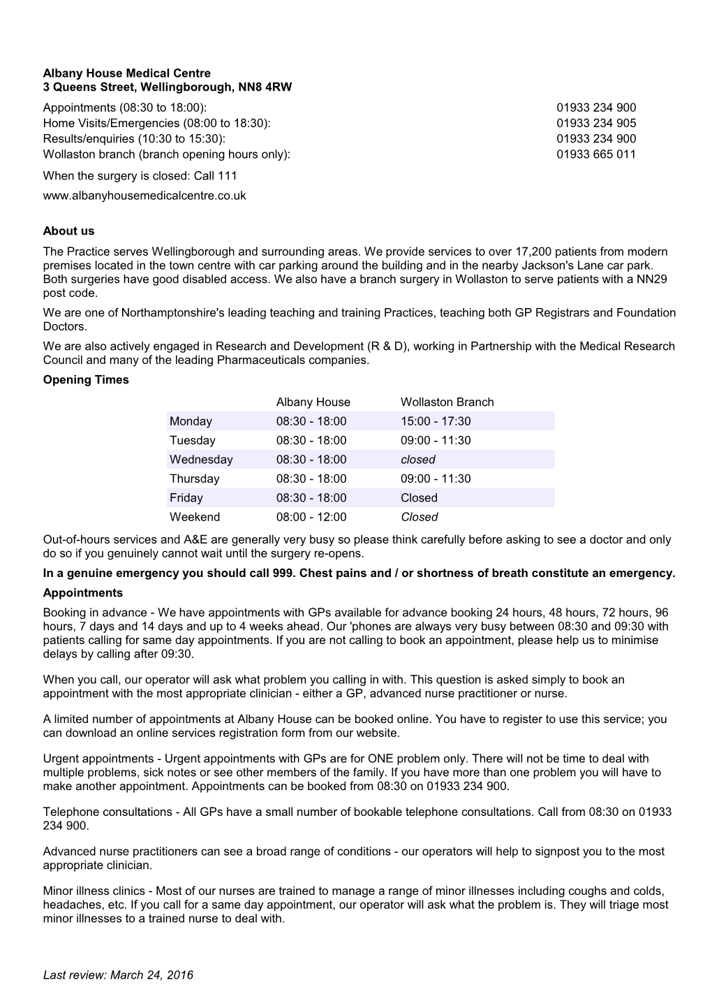 Albany House Medical Centre Practice Leaflet