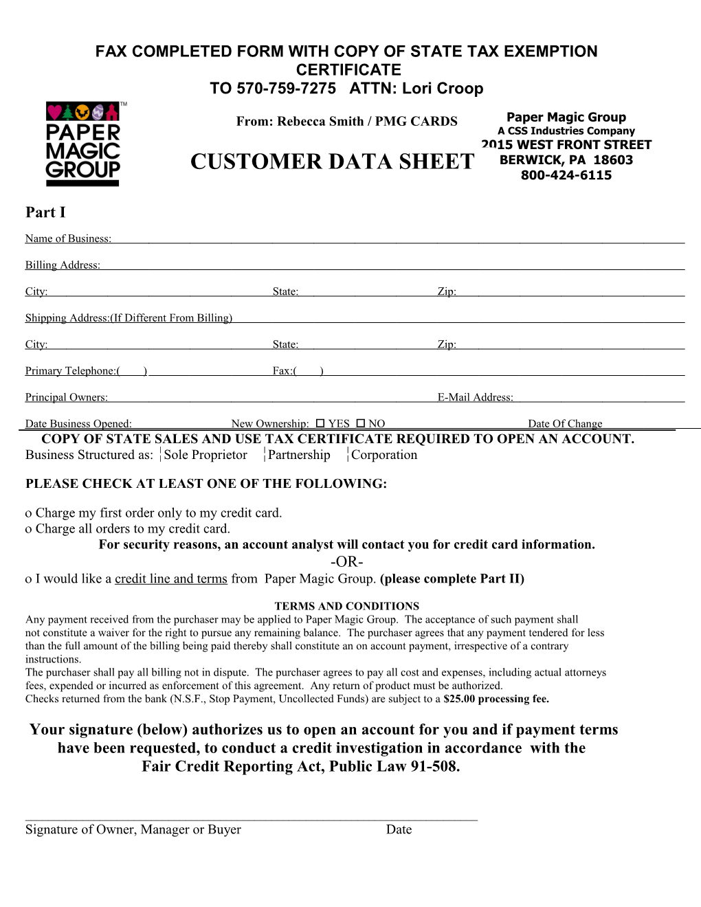 Fax Completed Form with Copy of State Tax Exemption