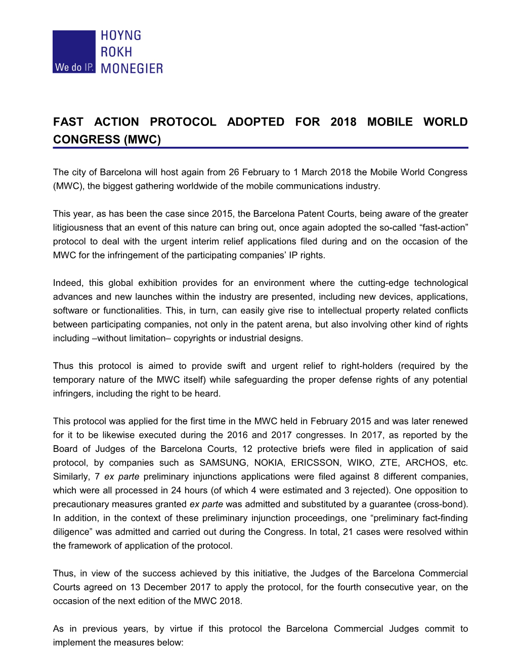 Fast Action Protocol Adopted for 2018 Mobile World Congress (Mwc)