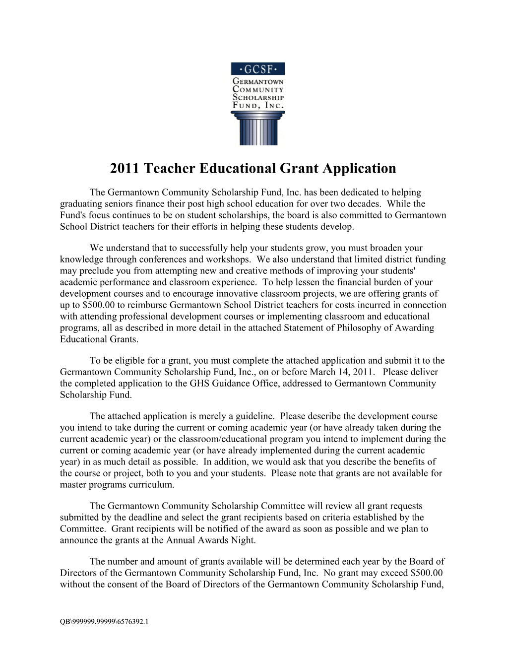 2011 Teacher Educational Grant Application