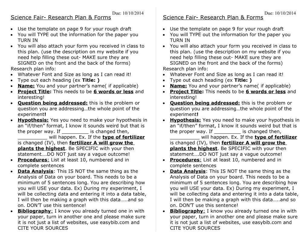 Science Fair- Research Plan & Forms