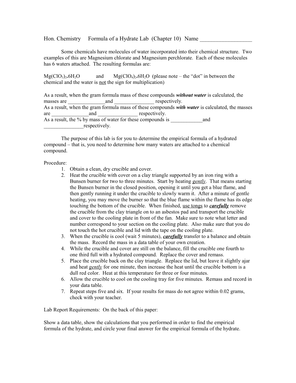 Hon. Chemistry Formula of a Hydrate Lab (Chapter 10) Name ______