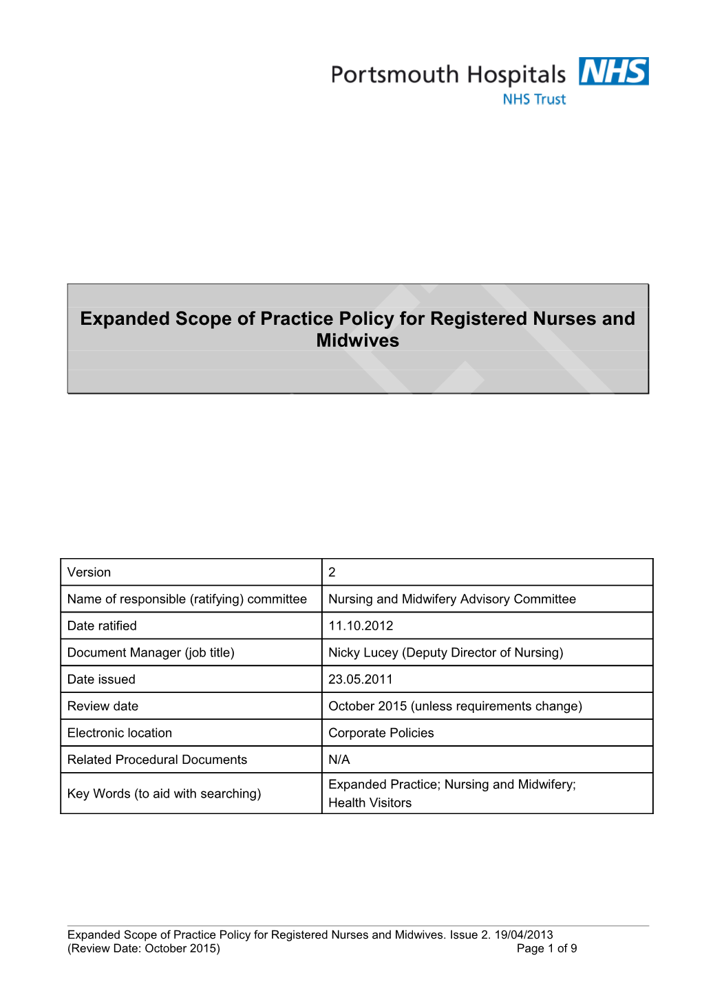 Expanded Scope of Practice Policy for Registered Nurses and Midwives