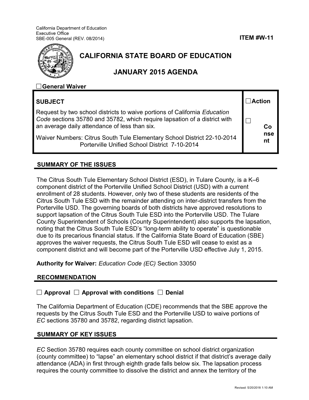 January 2015 Waiver Item W-11 - Meeting Agendas (CA State Board of Education)